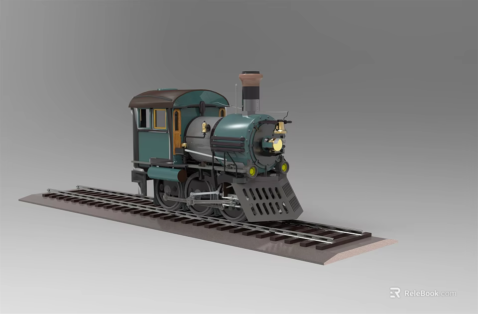 Classic Vintage Green and Brown Steam Locomotive Model on Tracks with Chimney 3d model 