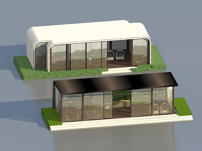 Modern Outdoor Pergola With Glass Walls And Black Roof In Grass Area 3d model