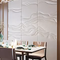 Elegant Modern Dining Table Set With Chairs Chandelier Vase And Wave Pattern Wallpaper 3d model