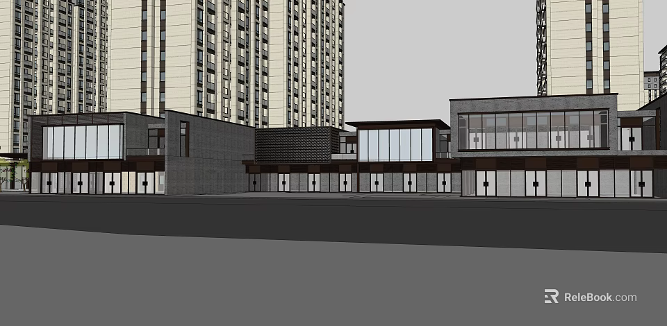 Modern Commercial Street With Glass Facades And Urban Tall Buildings 3d model 