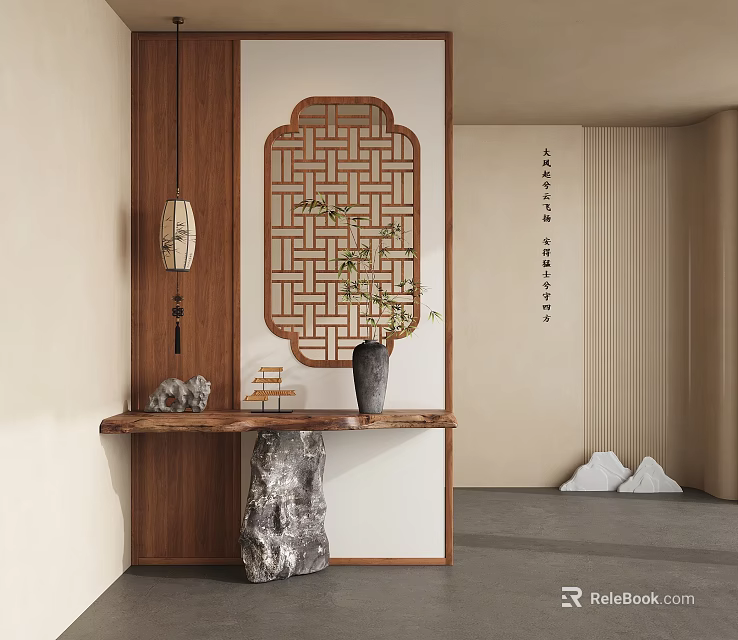 Traditional Chinese Wooden Lattice Room Divider Interior With Console Table Vase And Plants 3d model 