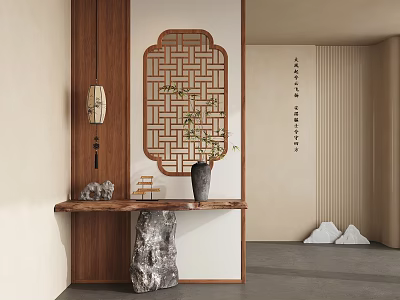 Traditional Chinese Wooden Lattice Room Divider Interior With Console Table Vase And Plants 3d model