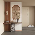 Traditional Chinese Wooden Lattice Room Divider Interior With Console Table Vase And Plants