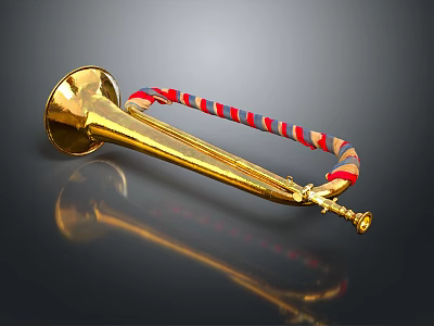 Shiny Golden Trumpet Musical Instrument With Painted Red Blue Striped Decorations And Reflection 3d model