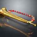 Shiny Golden Trumpet Musical Instrument With Painted Red Blue Striped Decorations And Reflection
