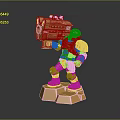 Golden Mechanical Robot Character Holding Large Weapon On Pedestal Base