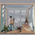 Traditional Chinese Bamboo Pavilion with Gauze Curtains Hanfu Woman Lanterns Guqin and Flowers