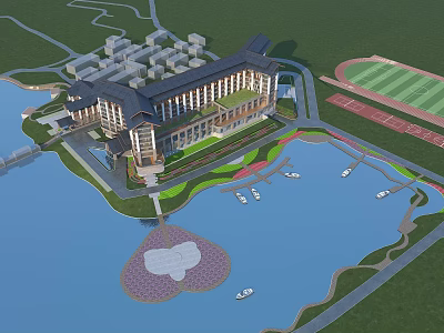 Aerial View Planning Large Building Water Area Heart Shaped Island Sports Track And Bridge 3d model