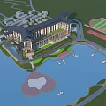 Aerial View Planning Large Building Water Area Heart Shaped Island Sports Track And Bridge