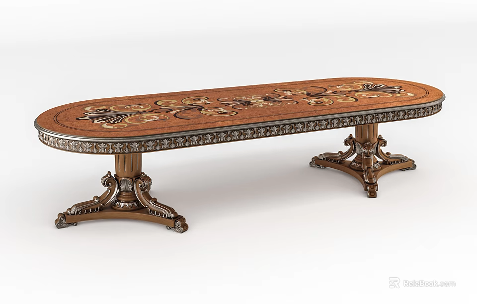 Classic Wooden Oval Dining Table With Ornate Carved Inlaid Top And Decorative Legs 3d model 