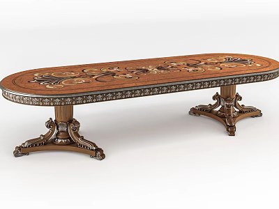 Classic Wooden Oval Dining Table With Ornate Carved Inlaid Top And Decorative Legs 3d model