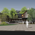 Traditional Modern Commercial Street With Circular Plaza Greenery And Stone Paved Paths