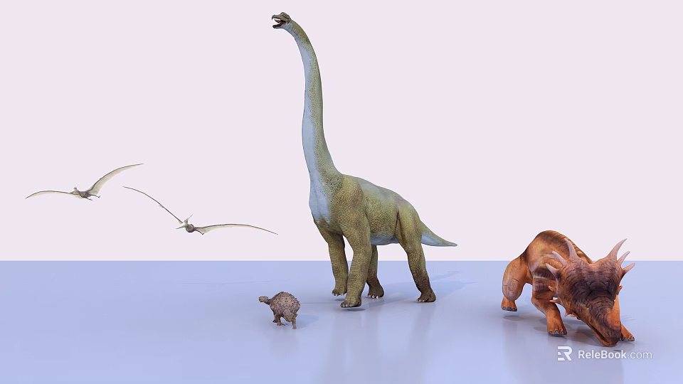 Prehistoric Dinosaurs With Long Necked Small Horned And Flying Pterosaurs 3d model 