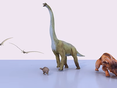 Prehistoric Dinosaurs With Long Necked Small Horned And Flying Pterosaurs 3d model
