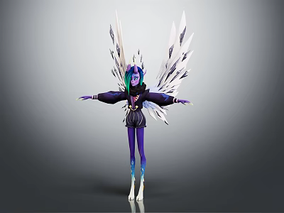 Fantasy Character With White Crystal Wings Purple Skin Green Purple Hair And Black Outfit 3d model