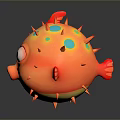Cartoon Style Orange Puffer Fish with Red Spines Blue Spots and Big Eyes