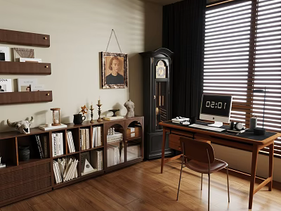 Cozy Study Room Interior With Wooden Shelves Books Decorations Desk Computer Chair And Grandfather Clock 3d model