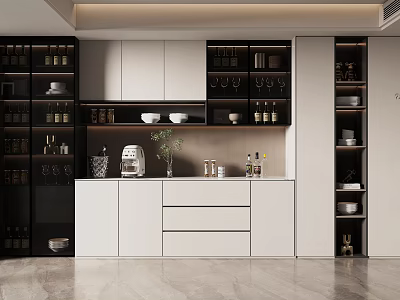Modern Wine Cabinet With White Cabinets Glass Doors And Wine Glass Racks In Kitchen Area 3d model