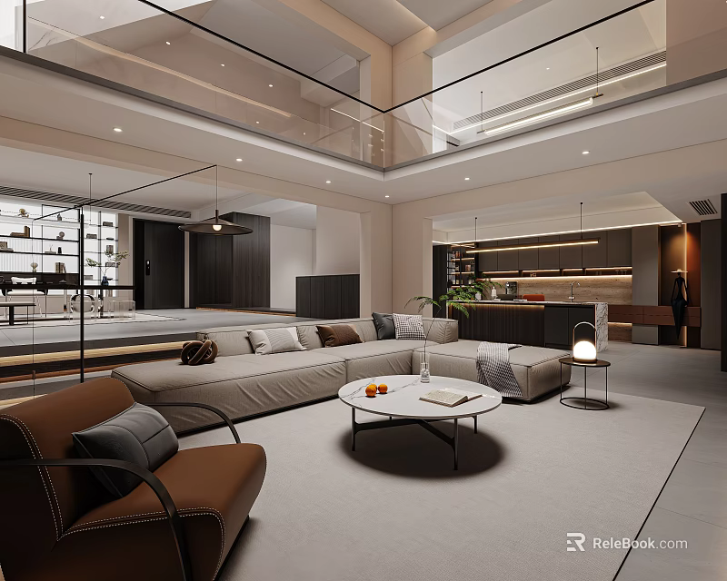 Modern Living Room Interior With L Shaped Sofa Round Coffee Table And Area Rug 3d model 