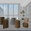 Natural Wooden Log Stools In Modern Interior With Large Windows And Potted Plant