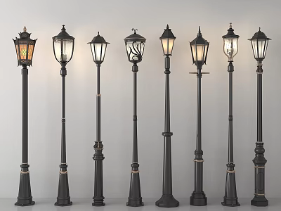 Outdoor Lights With Various Black Lamp Posts Classic Design And Decorative Vintage Shades 3d model