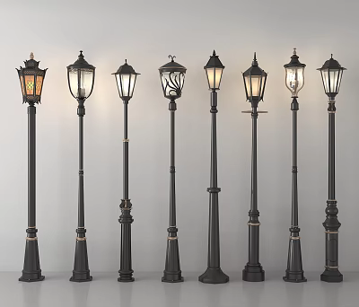Outdoor Lights With Various Black Lamp Posts Classic Design And Decorative Vintage Shades 3d model