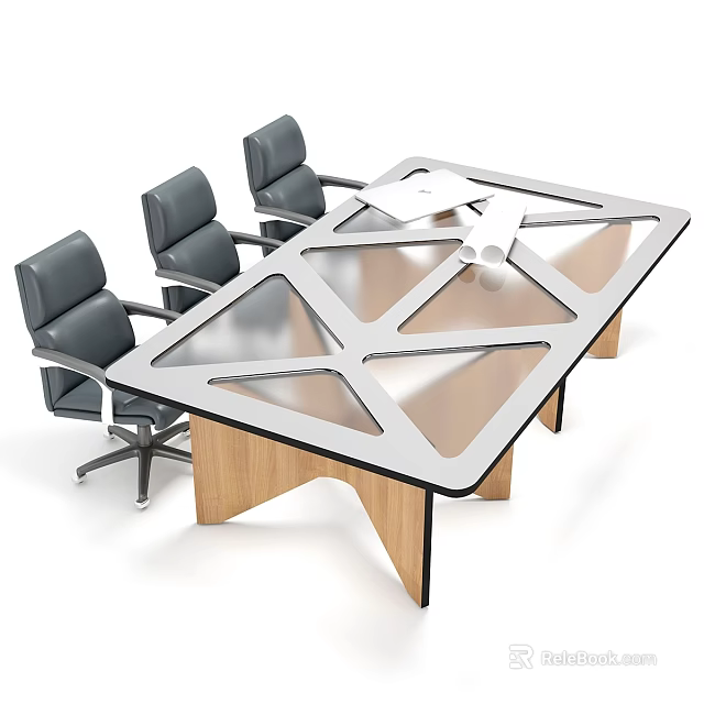 Modern Table and Chair Set with Geometric Glass Top Wooden Legs and Black Swivel Chairs 3d model 