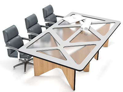 Modern Table and Chair Set with Geometric Glass Top Wooden Legs and Black Swivel Chairs 3d model