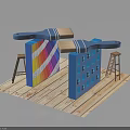 Blue Brushes Painting Colorful Stripes on Blue Cubes with Wooden Stools and Plank Floor