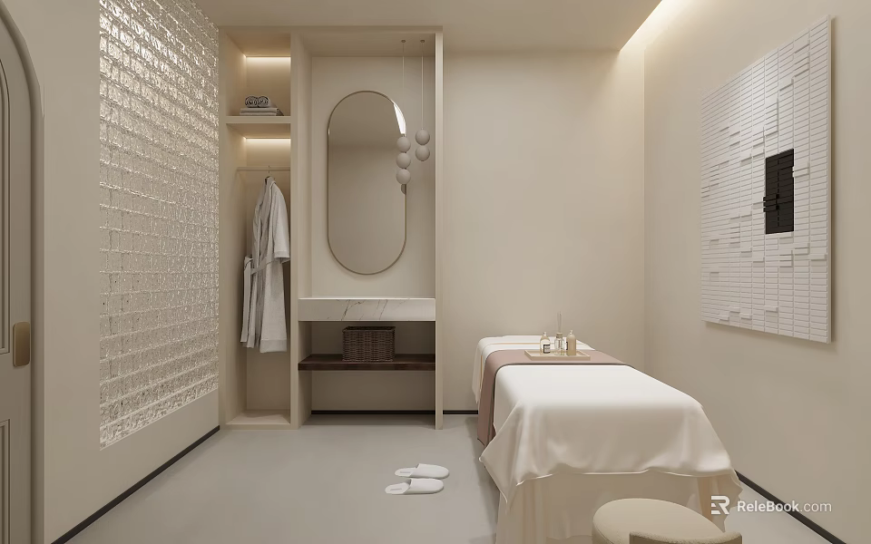 Beauty Hair Salon Spa Room With Minimalist Design White Walls Mirror Treatment Bed And Slippers 3d model 