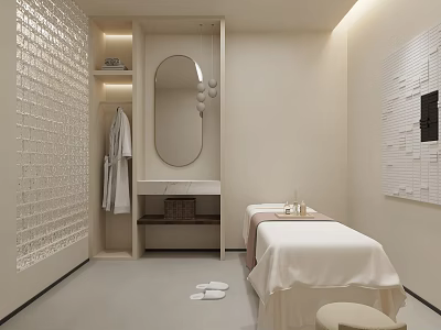 Beauty Hair Salon Spa Room With Minimalist Design White Walls Mirror Treatment Bed And Slippers 3d model