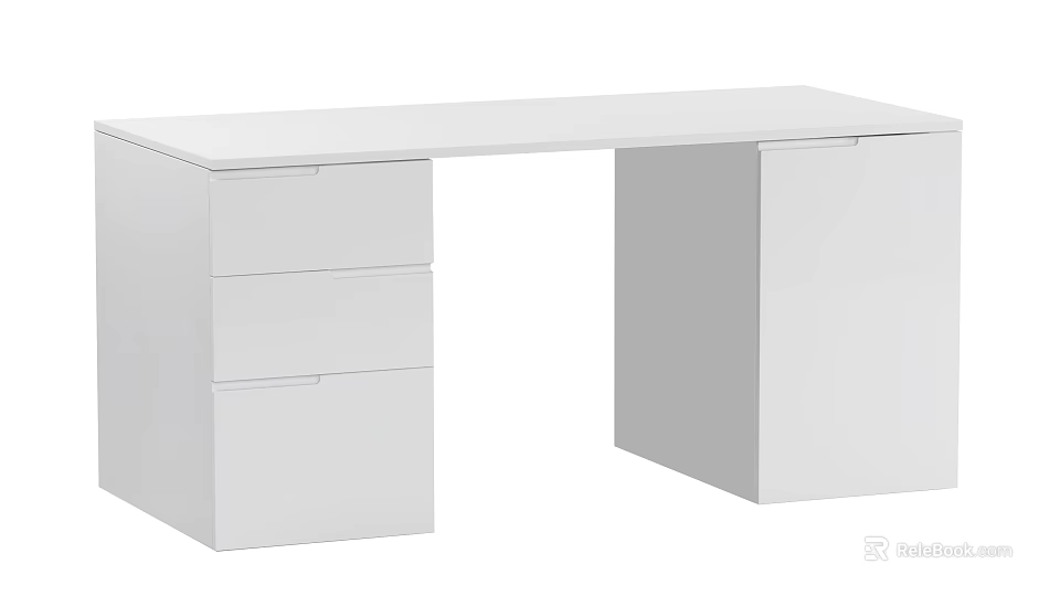 White Modern Desk With Three Drawers And Side Cabinet For Home Office Use 3d model 