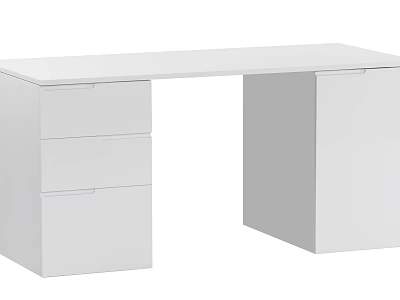 White Modern Desk With Three Drawers And Side Cabinet For Home Office Use 3d model