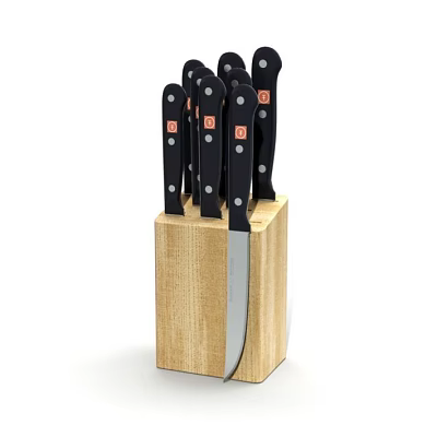 Kitchen Knife Block Set With Black Handle Knives In Wooden Holder 3d model