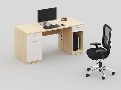 Modern Wooden Office Desk With Drawers And Black Mesh Chair For Computer Setup 3d model