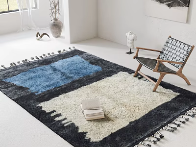 Leisure Chair with Woven Seat Wooden Frame Blue White Tasseled Rug and Stack of Books 3d model