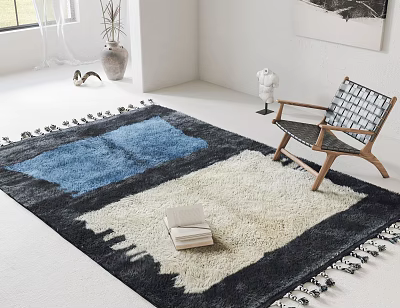 Leisure Chair with Woven Seat Wooden Frame Blue White Tasseled Rug and Stack of Books 3d model