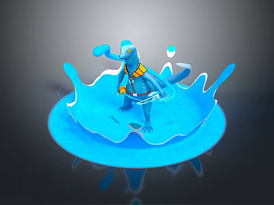 Blue Reptile Figurine in Dynamic Pose with Water Splash and Yellow Accents 3d model