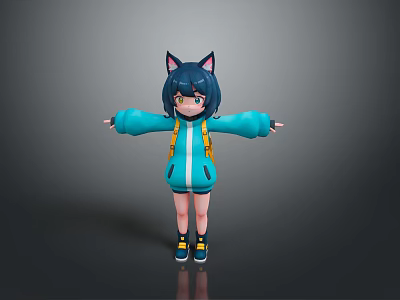 Short Hair Cat Ear Game Anime Character With Blue Hoodie Backpack Arms Outstretched 3d model