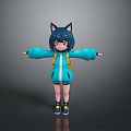 Short Hair Cat Ear Game Anime Character With Blue Hoodie Backpack Arms Outstretched