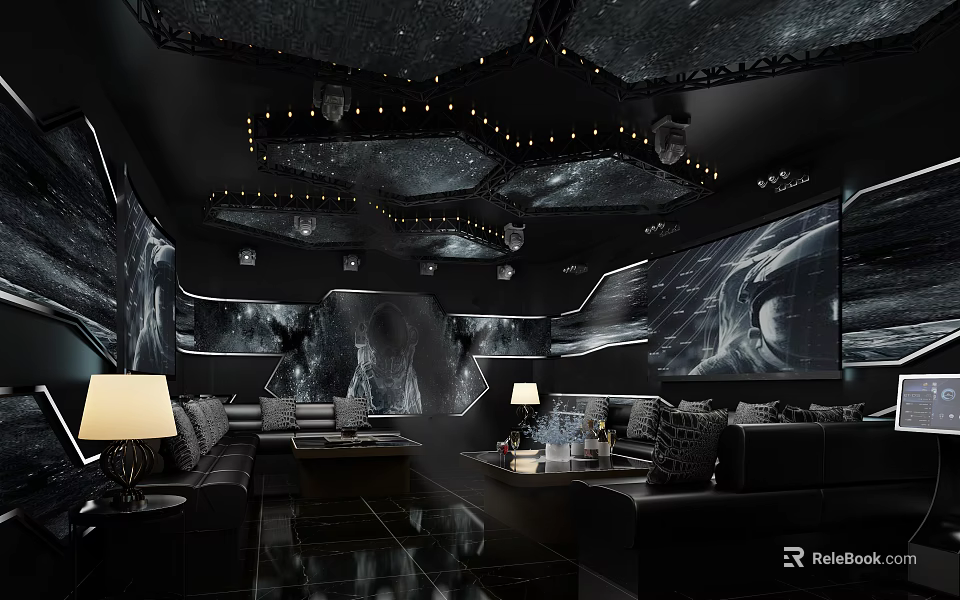 Modern Luxury KTV Lounge With Starry Ceiling Large Screens And Comfortable Sofas 3d model 