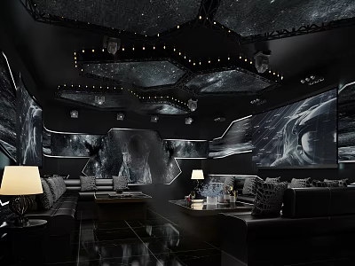 Modern Luxury KTV Lounge With Starry Ceiling Large Screens And Comfortable Sofas 3d model