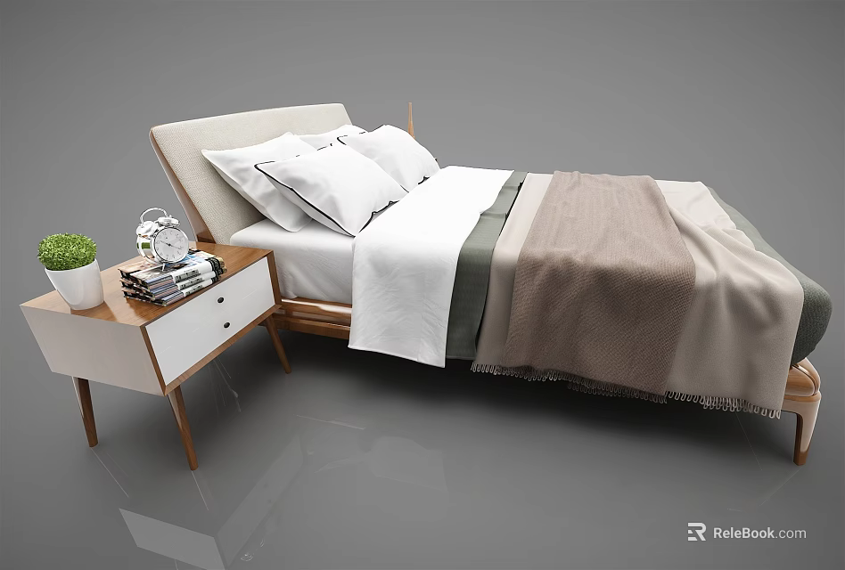 Modern Double Bed with White Bedding Brown Blanket and Wooden Bedside Table 3d model 