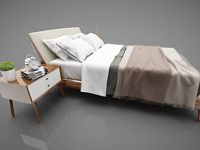 Modern Double Bed with White Bedding Brown Blanket and Wooden Bedside Table 3d model
