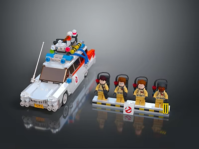 Detailed Lego Ghostbusters Vehicle with Minifigures in Yellow Uniforms and Roof Equipment 3d model