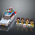 Detailed Lego Ghostbusters Vehicle with Minifigures in Yellow Uniforms and Roof Equipment