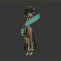 Elegant Woman in Golden Ornate Outfit Holding Decorative Staff with Intricate Headpiece and Flowing Ribbons