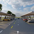 Solar Panel Canopy Covering Outdoor Parking Lot With Multiple Parked Cars