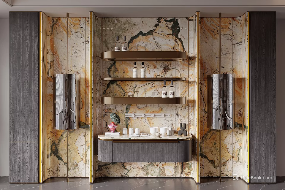 Luxury Wine Cabinet Interior Design With Marble Walls And Gold Shelves 3d model 