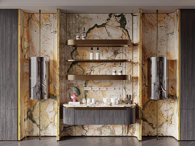 Luxury Wine Cabinet Interior Design With Marble Walls And Gold Shelves 3d model